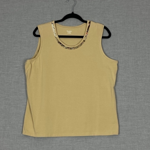 TanJay Tank Top Cotton Blend Sz Large Mustard Yellow with Beading on Collar - Picture 7 of 7